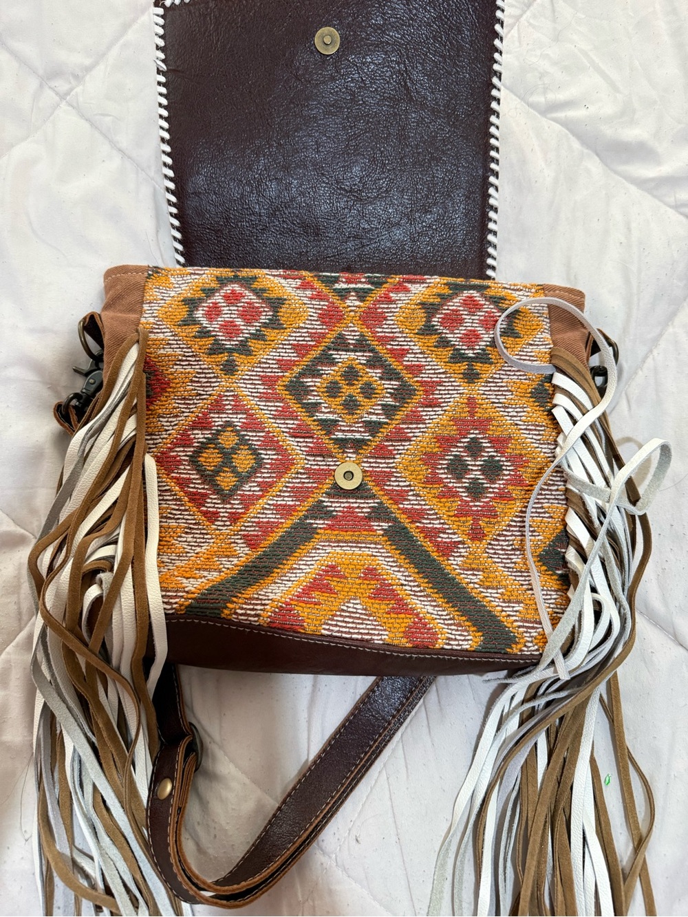 Boho Fringe Leather Crossbody Bag cow print - Brown & White - Picture 3 of 5